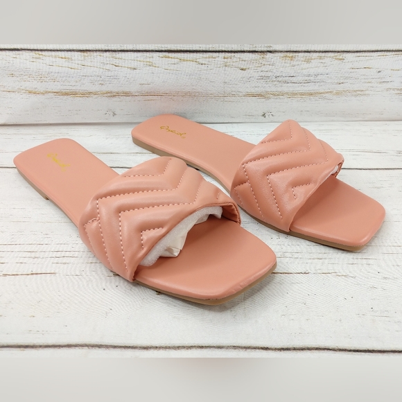 Qupid Flashy Chevron Quilted Square Toe Slide Sandals - Picture 1 of 13